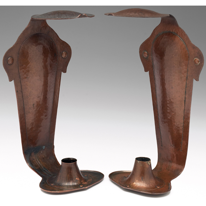 Appraisal: Handel candle sconces pair unusual shape hammered copper original patina