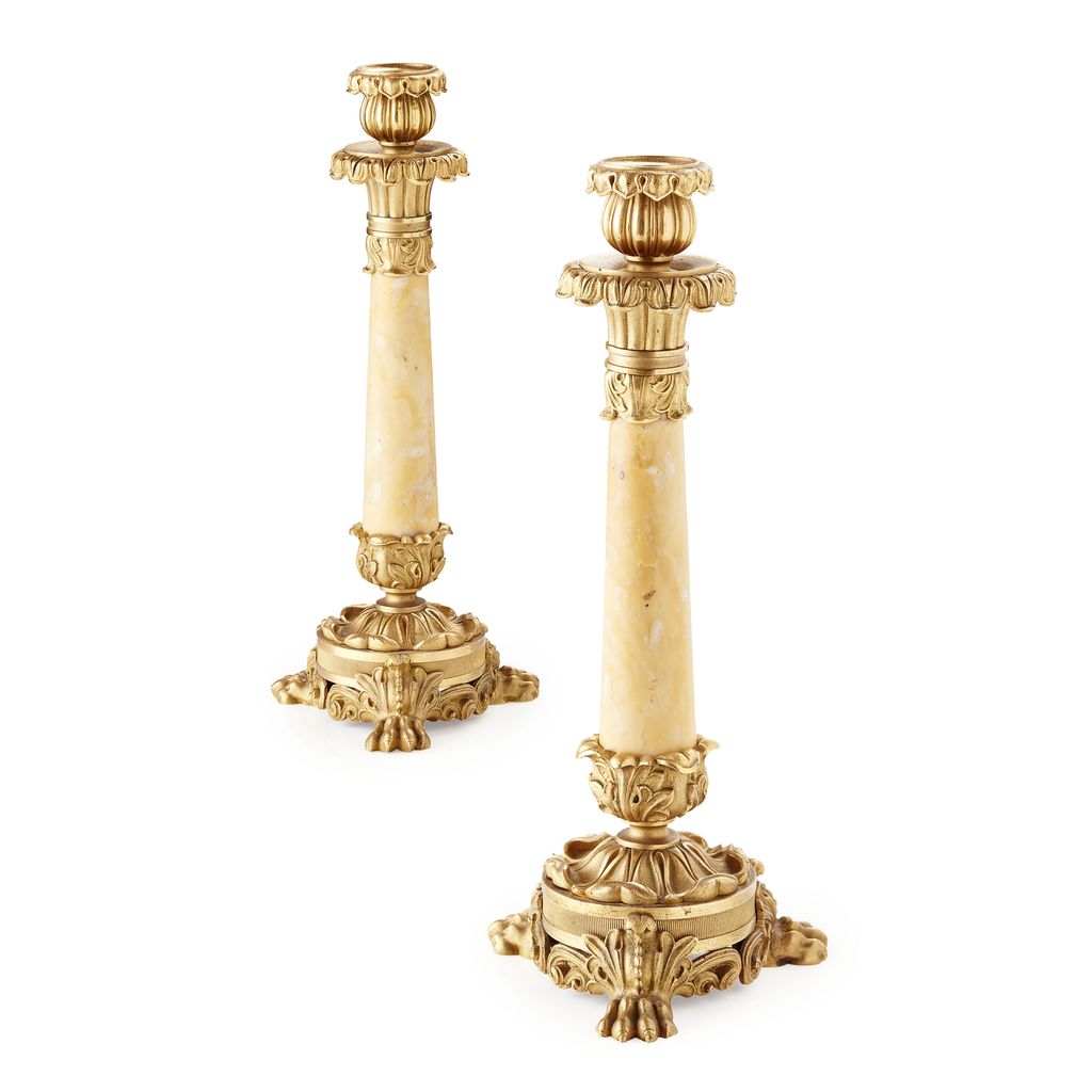 Appraisal: PAIR OF GILT BRONZE AND SIENNA MARBLE CANDLESTICKS TH CENTURY