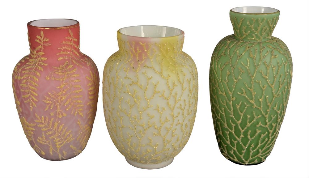 Appraisal: Group of Three Mount Washington Coralene Vases in pink yellow