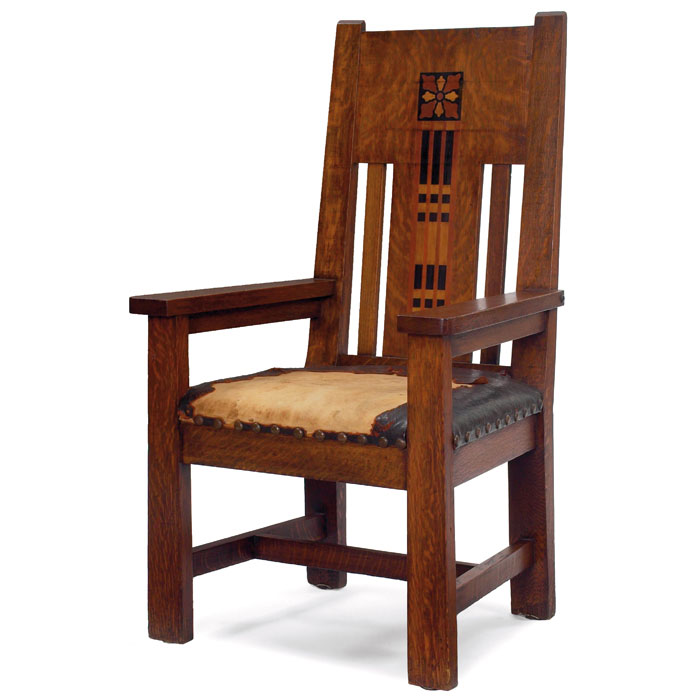 Appraisal: Shop of the Crafters armchair massive inlaid form with stylized