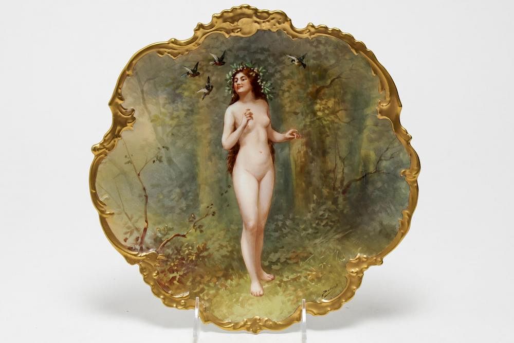 Appraisal: B H Limoges KPM-Manner Cabinet Plate w Nude Blakeman Henderson