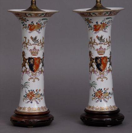 Appraisal: PAIR OF FRENCH EXPORT-STYLE ARMORIAL PORCELAIN BEAKERS MOUNTED AS LAMPS