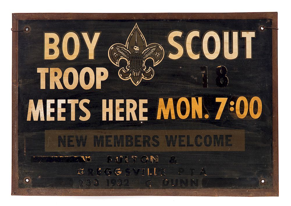 Appraisal: Antique Tin Boy Scout Troop Sign Measures tall wide Good