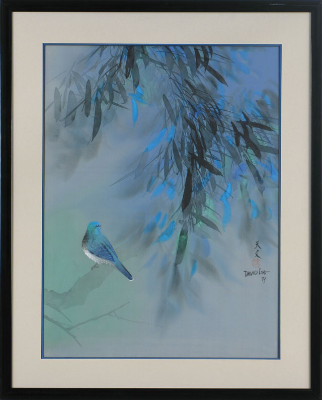 Appraisal: DAVID LEE WATERCOLOR ON SILK Canton China born Blue songbird