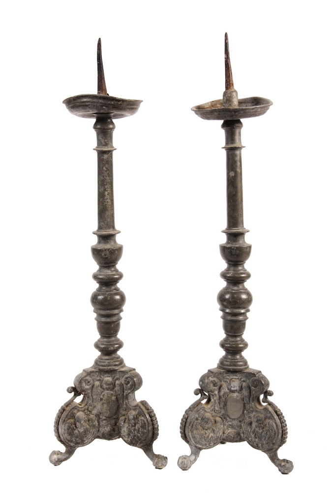 Appraisal: PAIR OF EARLY CATHEDRAL CANDLESTICKS - th c or earlier