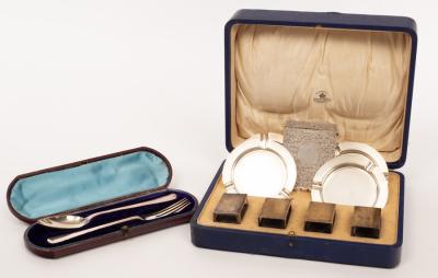 Appraisal: A set of four silver ashtrays and four silver matchbox