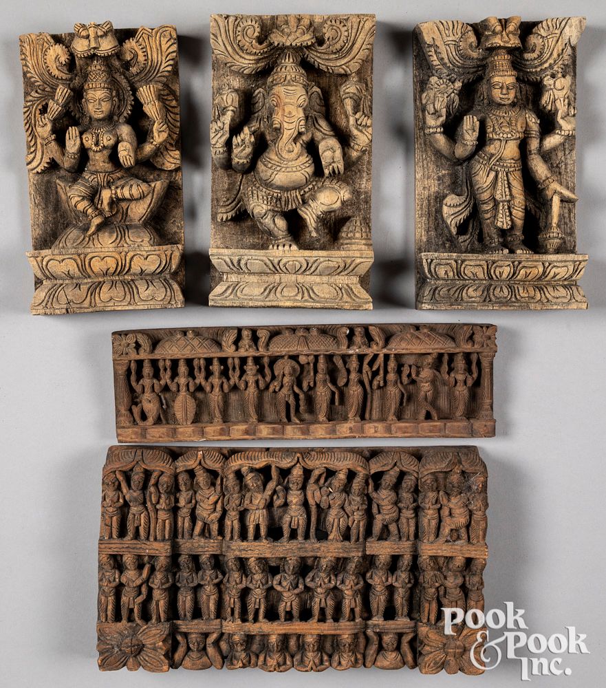 Appraisal: Six India carved religious panels Six India carved religious panels