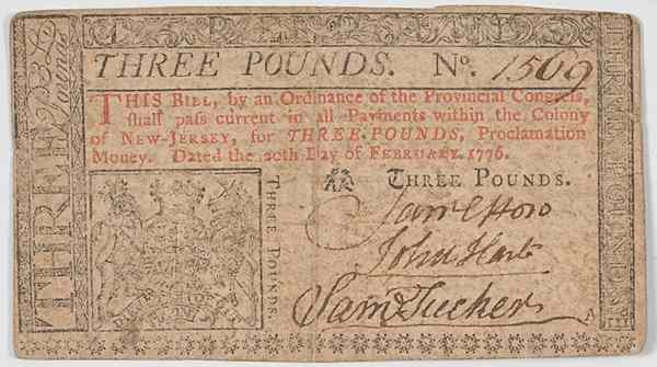 Appraisal: Autographs and Manuscripts New Jersey Colonial Currency Signed by John