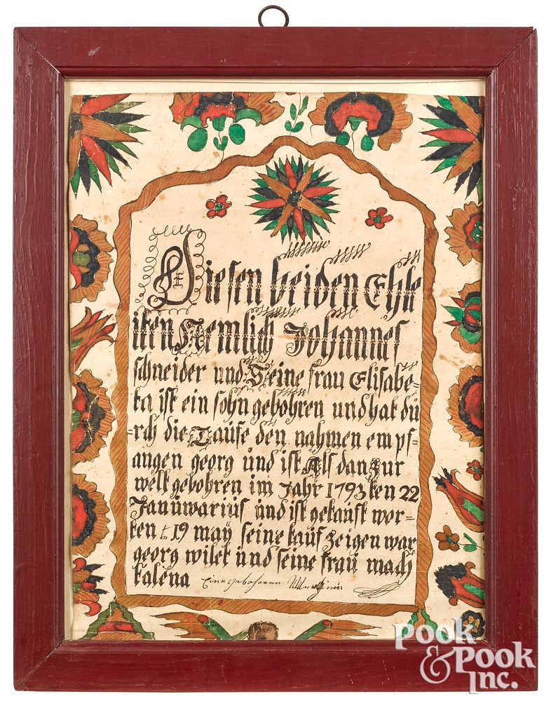 Appraisal: Southeastern Pennsylvania fraktur Southeastern Pennsylvania ink and watercolor fraktur birth