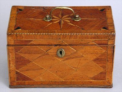 Appraisal: GEORGE III INLAID MAHOGANY TEA CADDY The hinged -veneered lid