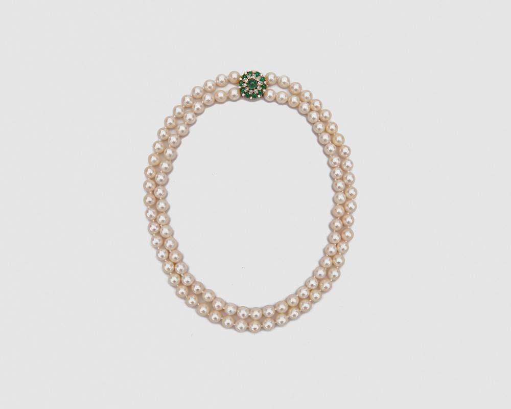 Appraisal: Pearl Necklace with K Yellow Gold Emerald and Diamond Clasp