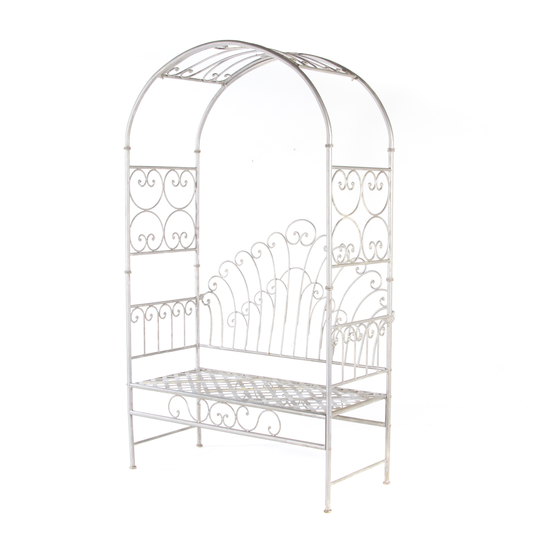 Appraisal: Silvered metal garden bench with openworked sides and arch lattice-work