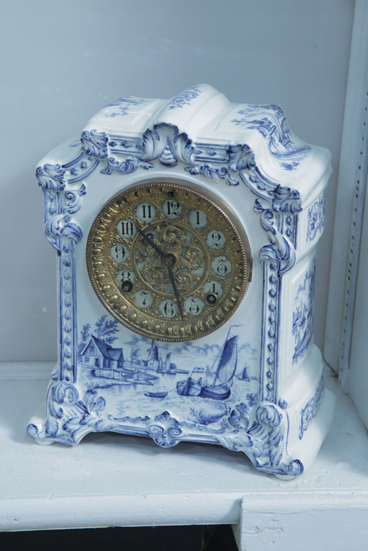 Appraisal: CHINA MANTLE CLOCK Ansonia mantle clock with blue and white