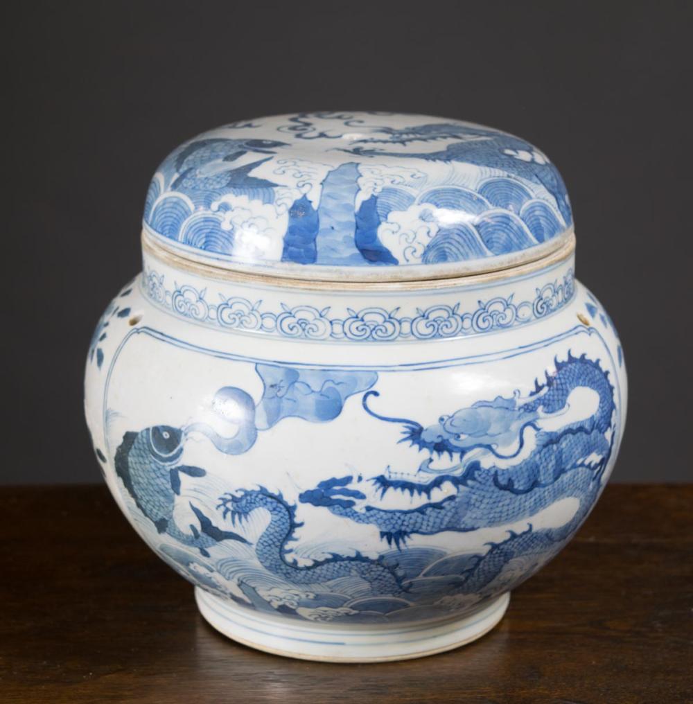 Appraisal: CHINESE BLUE AND WHITE PORCELAIN LIDDED JAR hand painted blue