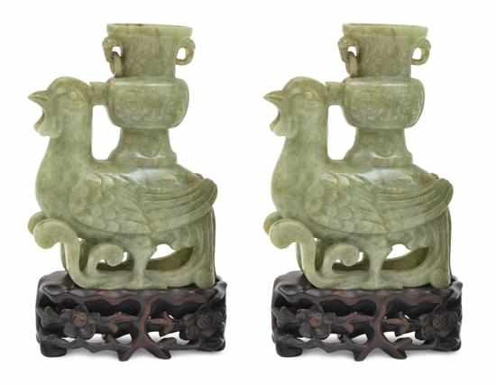 Appraisal: A PAIR OF JADE 'PHOENIX' VASES WITH STANDS TH TH