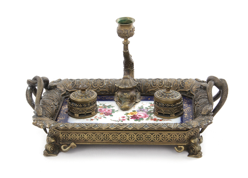 Appraisal: French bronze and porcelain inkstand late th th century with