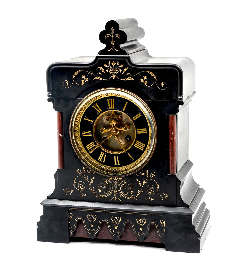 Appraisal: ANTIQUE FRENCH SLATE MARBLE MANTLE CLOCK Beautiful black slate and