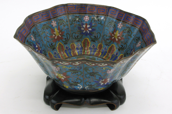 Appraisal: AN UNUSUAL CHINESE CLOISONNE ENAMEL CENTER BOWL of octagonal paneled