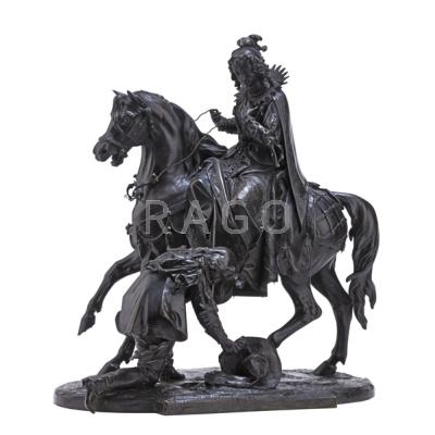 Appraisal: EQUESTRIAN BRONZE SCULPTURE Gentleman retrieving a hat beside a woman