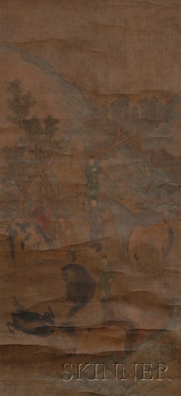 Appraisal: Hanging Scroll China th century scene of grooms with horses