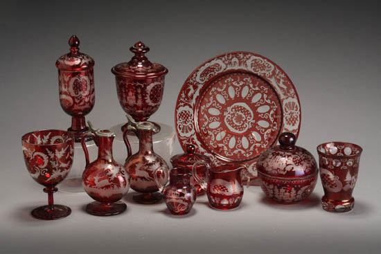 Appraisal: Group of Eleven Bohemian Intaglio Cut Ruby Glass Table Articles