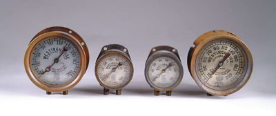 Appraisal: LOT OF FOUR LOCOMOTIVE GAUGES Brass Westinghouse locomotive gauges SIZE