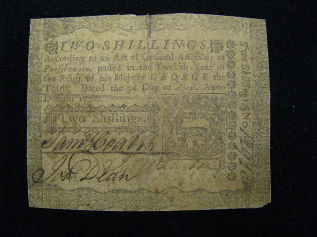 Appraisal: Continental Currency Pennsylvania two shillings printed by D Hall W