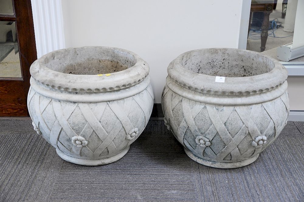 Appraisal: Pair of large Nina Studio cement planters basket weave and