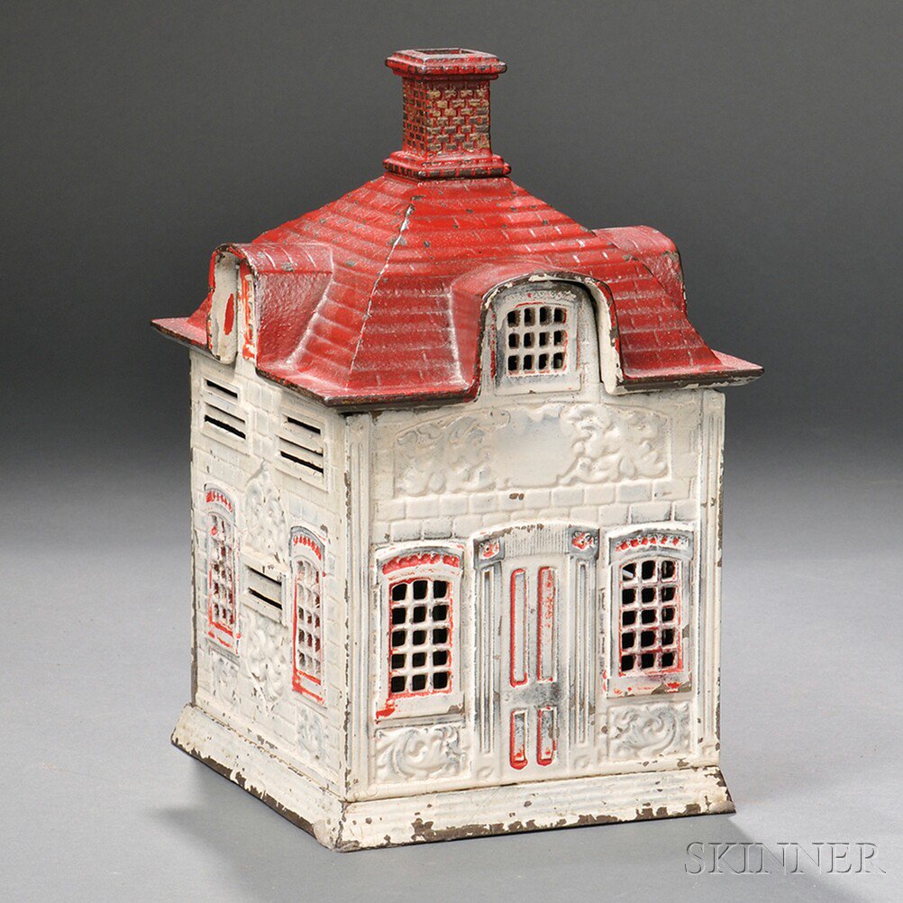 Appraisal: Cast Iron Architectural Still Bank c the white- and red-painted