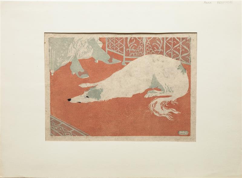 Appraisal: Hans Neumann - Greyhound Lying Woodcut in colors on Japan