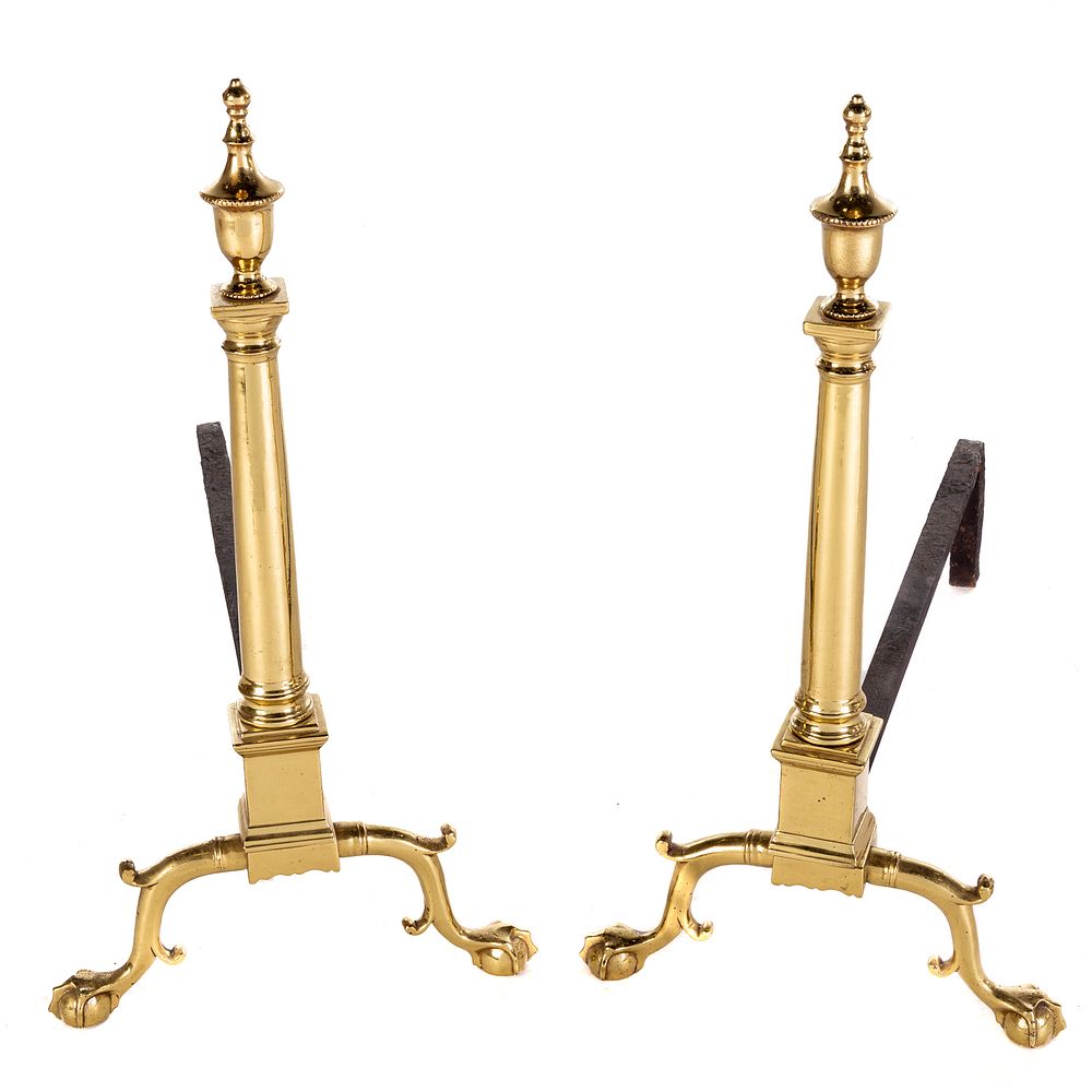 Appraisal: Pair Federal Brass Chippendale Influenced Andirons Philadelphia Pennsylvania circa -