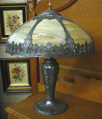 Appraisal: Art Nouveau Slag Glass Lamp with embossed and reticulated cast