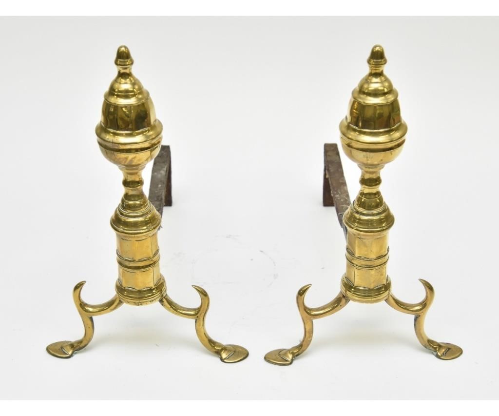 Appraisal: Pair of Chippendale brass andirons with faceted tops spurred legs