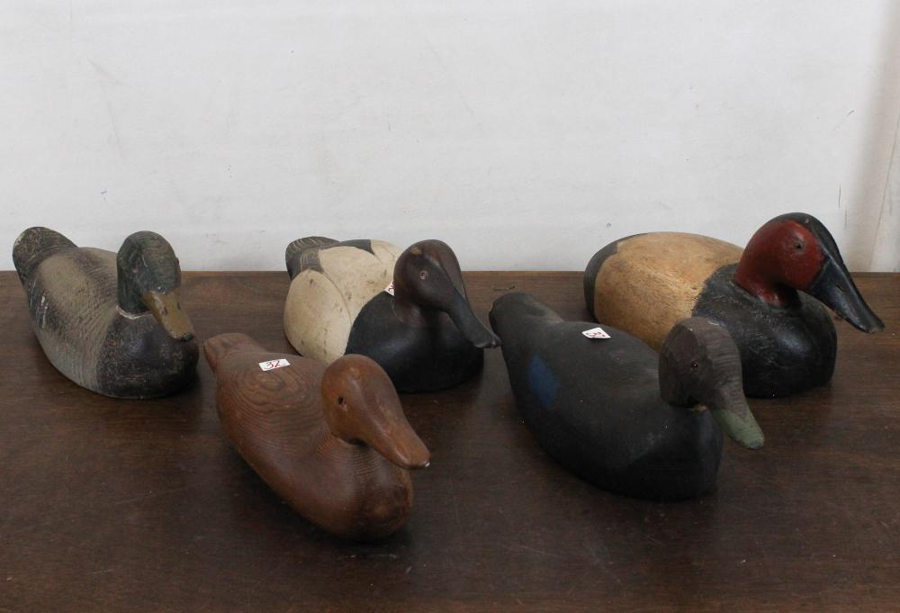 Appraisal: FIVE HAND CARVED CANVASBACK DUCK DECOYS Lengths from to inches