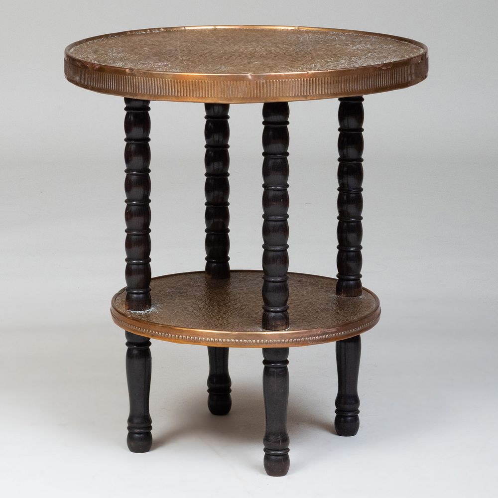 Appraisal: Modern Hammered Brass and Stained Wood Two-Tier Table x in