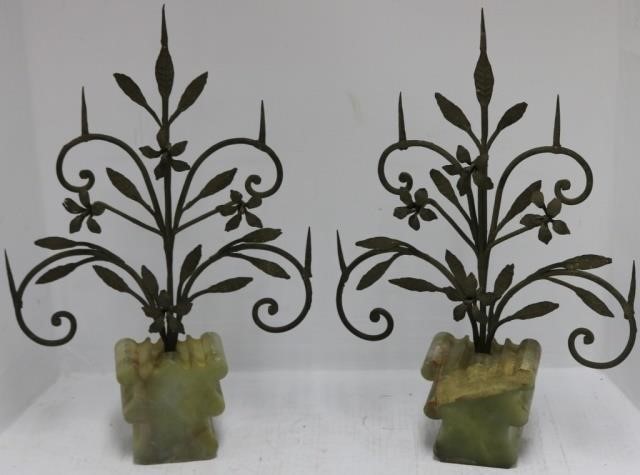 Appraisal: PAIR OF EARLY TH C WROUGHT IRON CANDELABRASMOUNTED ON EARLIER