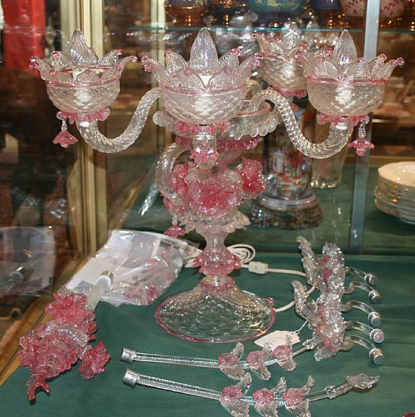 Appraisal: A Murano rose and colorless glass five light candelabra fourth