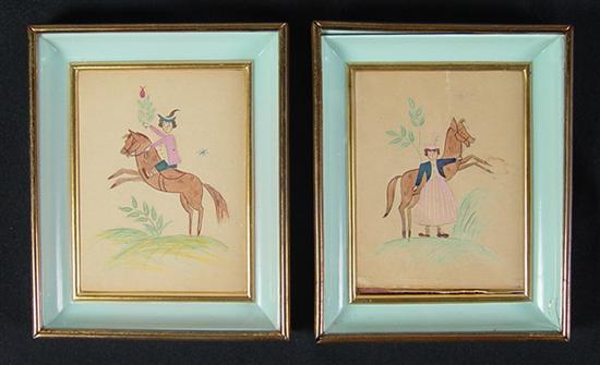 Appraisal: Pair of Colonial Style Watercolors Circa Man on horse and