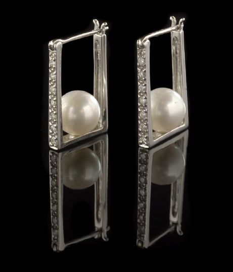 Appraisal: Pair of Fourteen-Karat White Gold Pearl and Diamond Earrings each