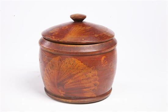 Appraisal: DECORATED TREEN CONTAINER American th century poplar Turned wooden container