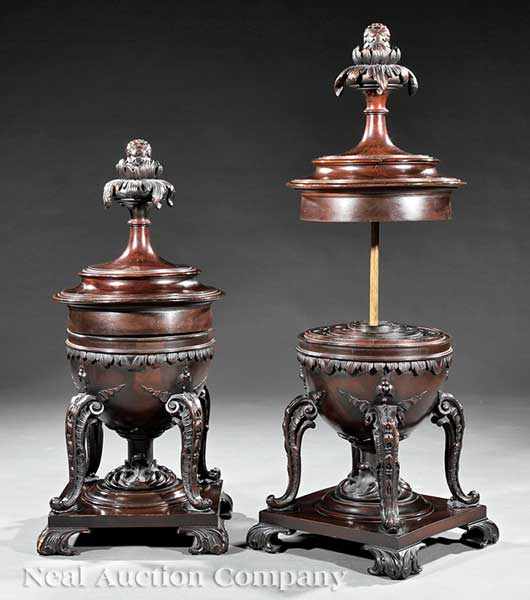 Appraisal: A Pair of George III-Style Carved Mahogany Knife Boxes in