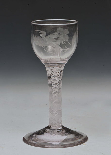 Appraisal: AN ENGLISH JACOBITE STYLE WINE GLASS etched with birds and