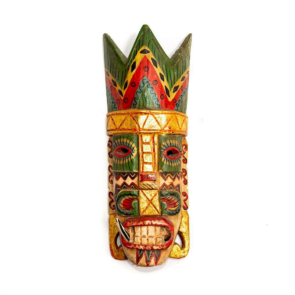 Appraisal: LARGE INDONESIAN TRADITIONAL WOODEN WALL MASK Hand carved handpainted multicolored