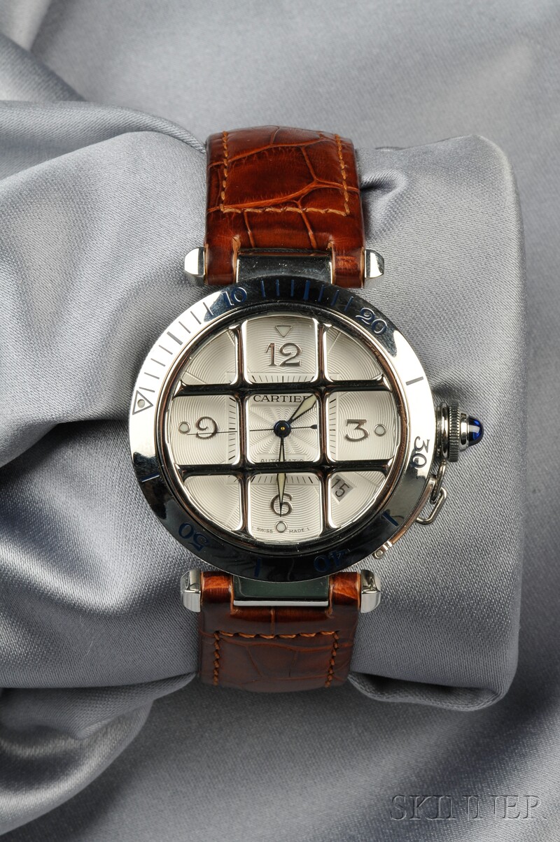 Appraisal: Stainless Steel Pasha Wristwatch Cartier the ivory-tone guilloche enamel dial