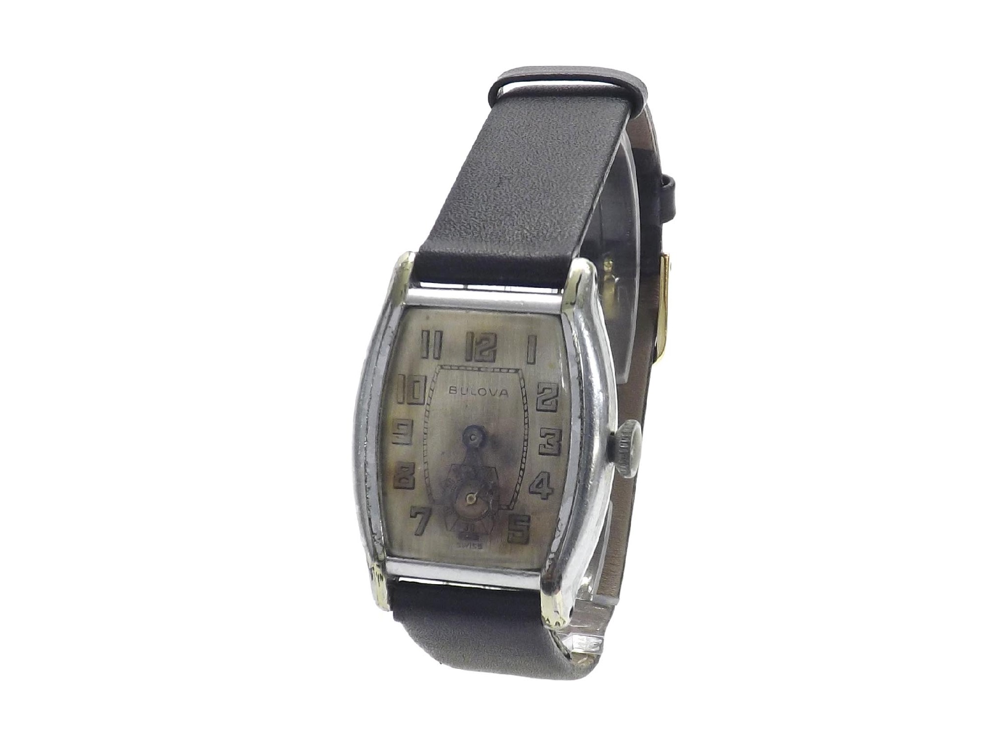 Appraisal: Bulova rectangular stainless steel gentleman's wristwatch silvered dial with Arabic