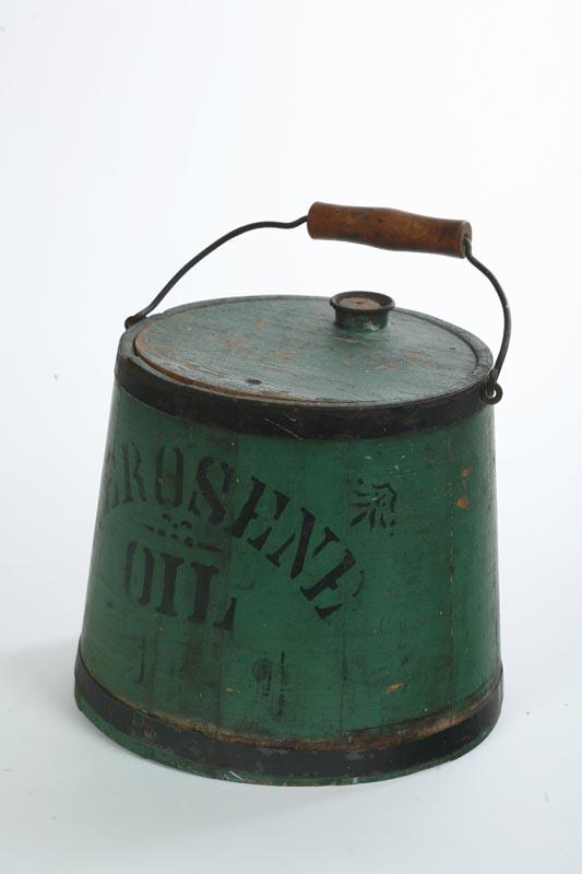 Appraisal: WOODEN KEROSENE OIL CAN Stave constructed tapered form with a