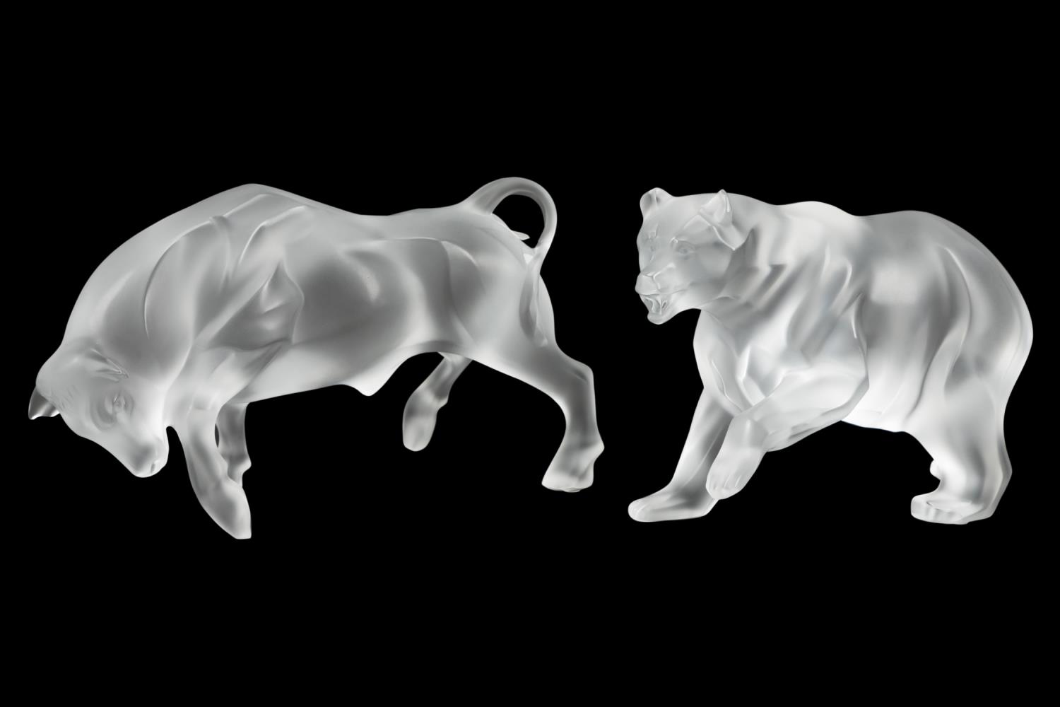 Appraisal: LALIQUE FROSTED CRYSTAL SCULPTURES BEAR BULL Two Lalique French frosted