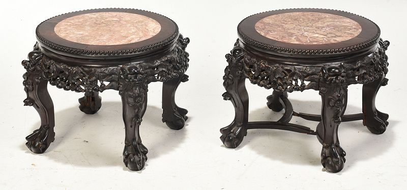 Appraisal: Pair of Chinese Marble Inset Taborets Qing dynasty heavily carved