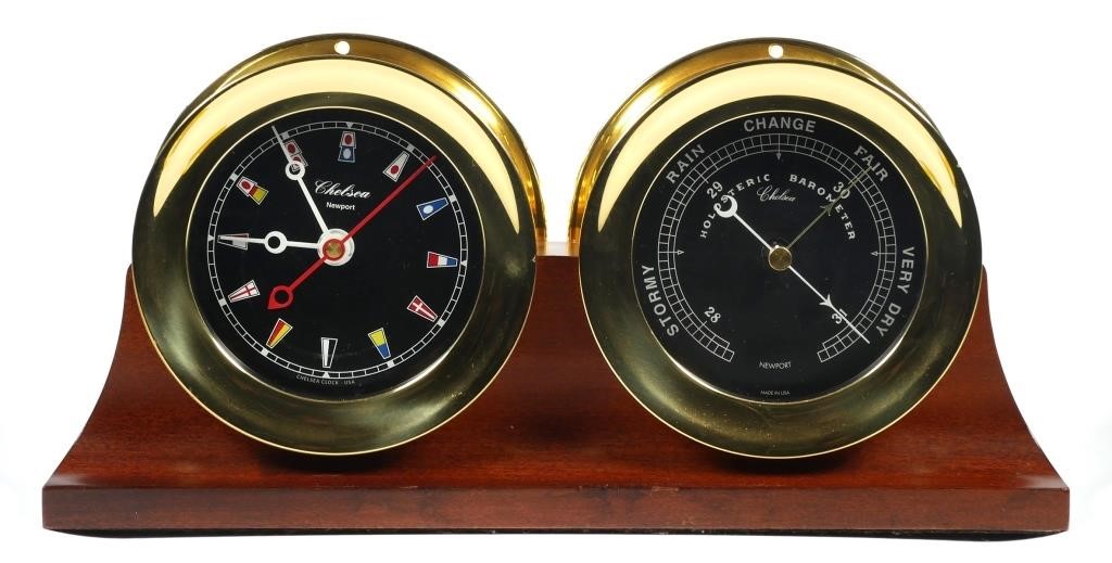 Appraisal: Chelsea brass ships flag clock and barometer on double wood