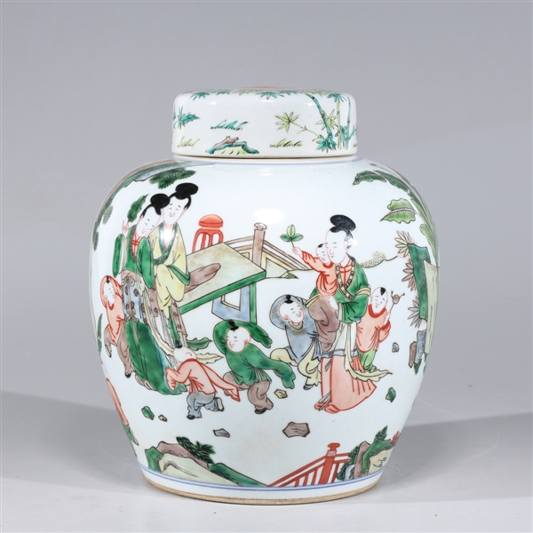 Appraisal: Chinese famille verte enameled porcelain covered vase with children and